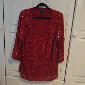 Red Sequin V-Neck Top